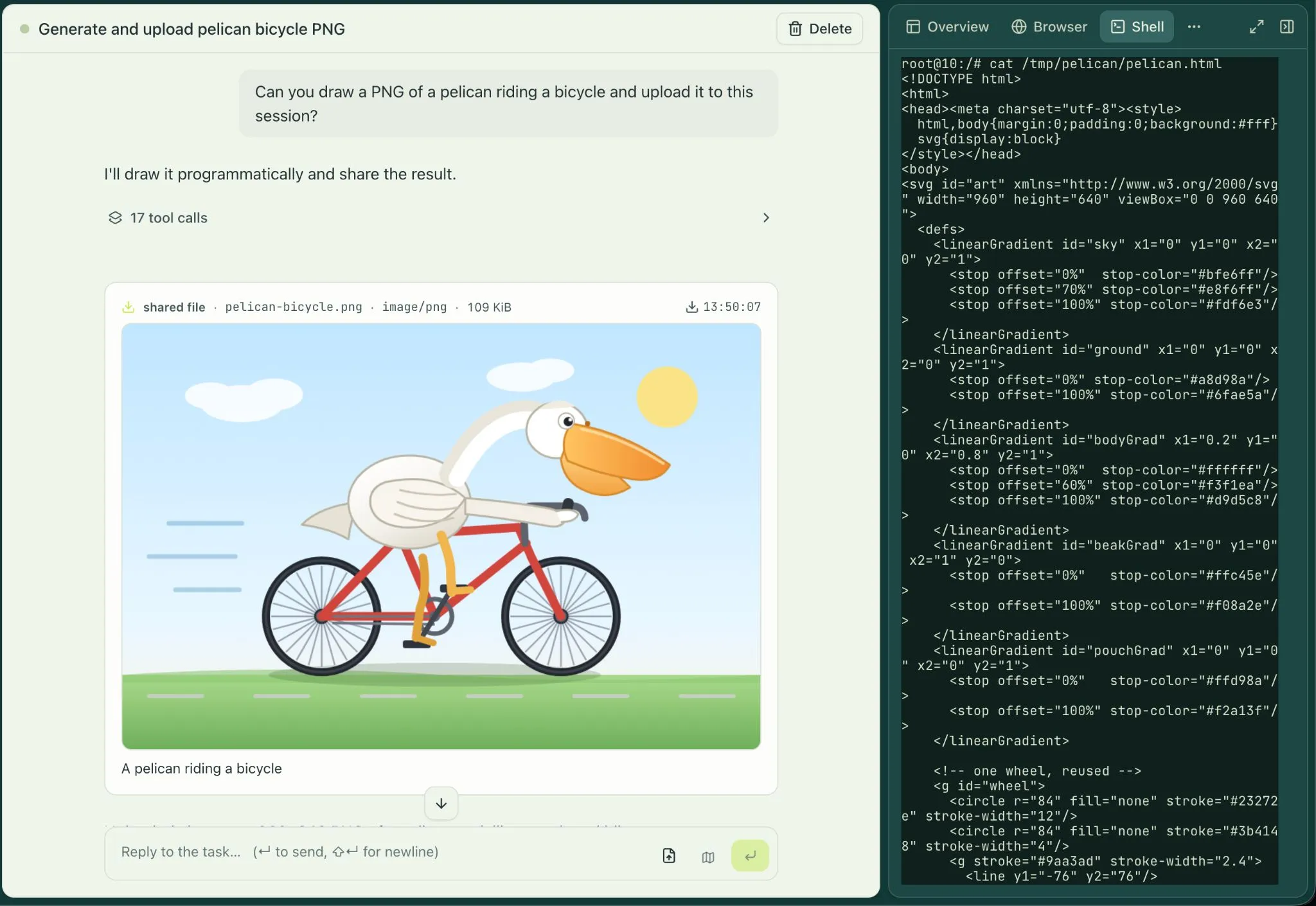 A task in the engrams dashboard: asked to draw a PNG of a pelican riding a bicycle, the agent shares the finished image in the transcript while a shell on the right pane shows the source it wrote inside the VM