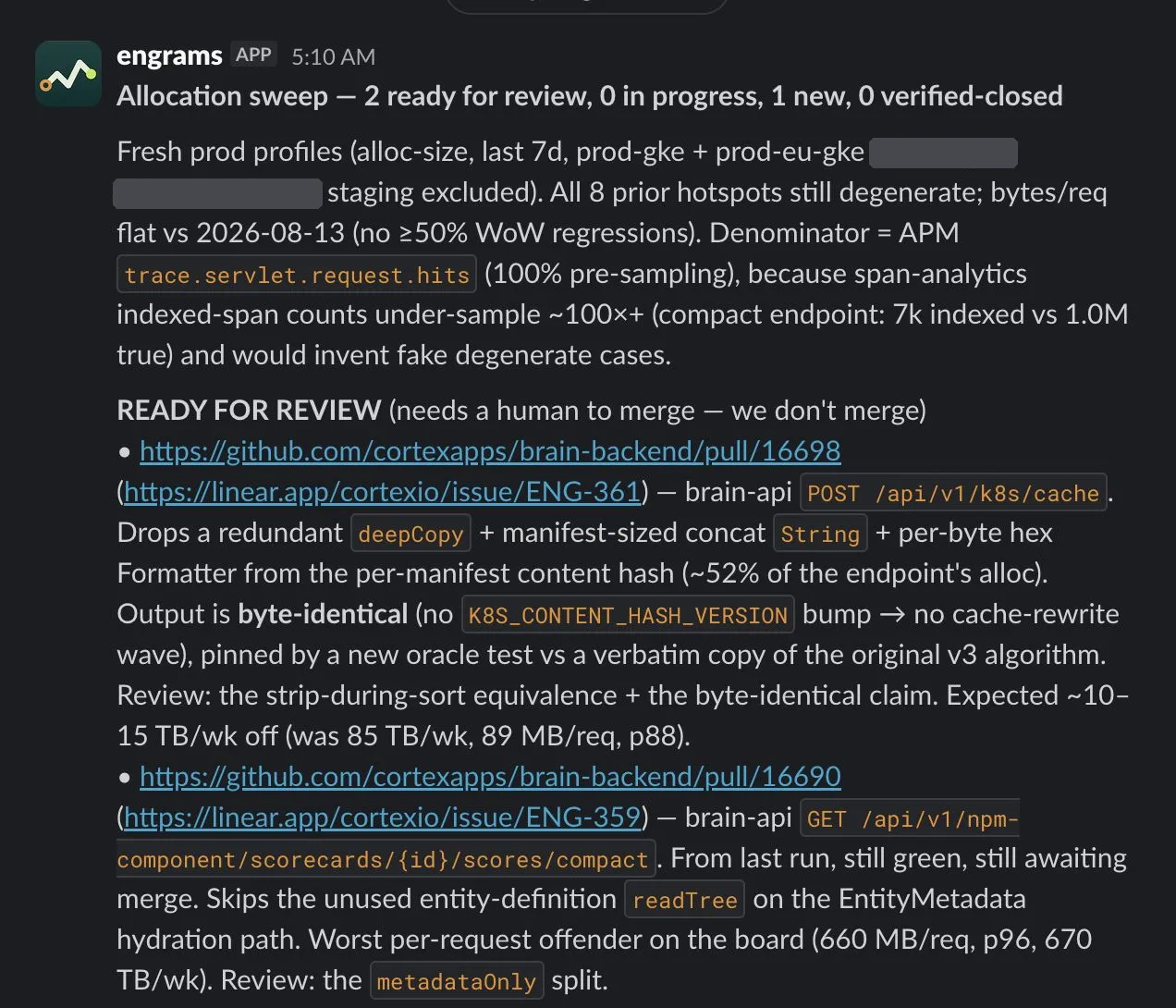 The engrams Slack app posting an allocation sweep: fresh production profiles, and two optimization pull requests ready for a human to review and merge